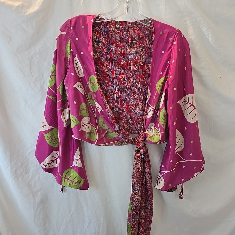 Renew Vintage Recycled Silk Sari Crop Top Front Tie Bell Sleeves Boho Festival S